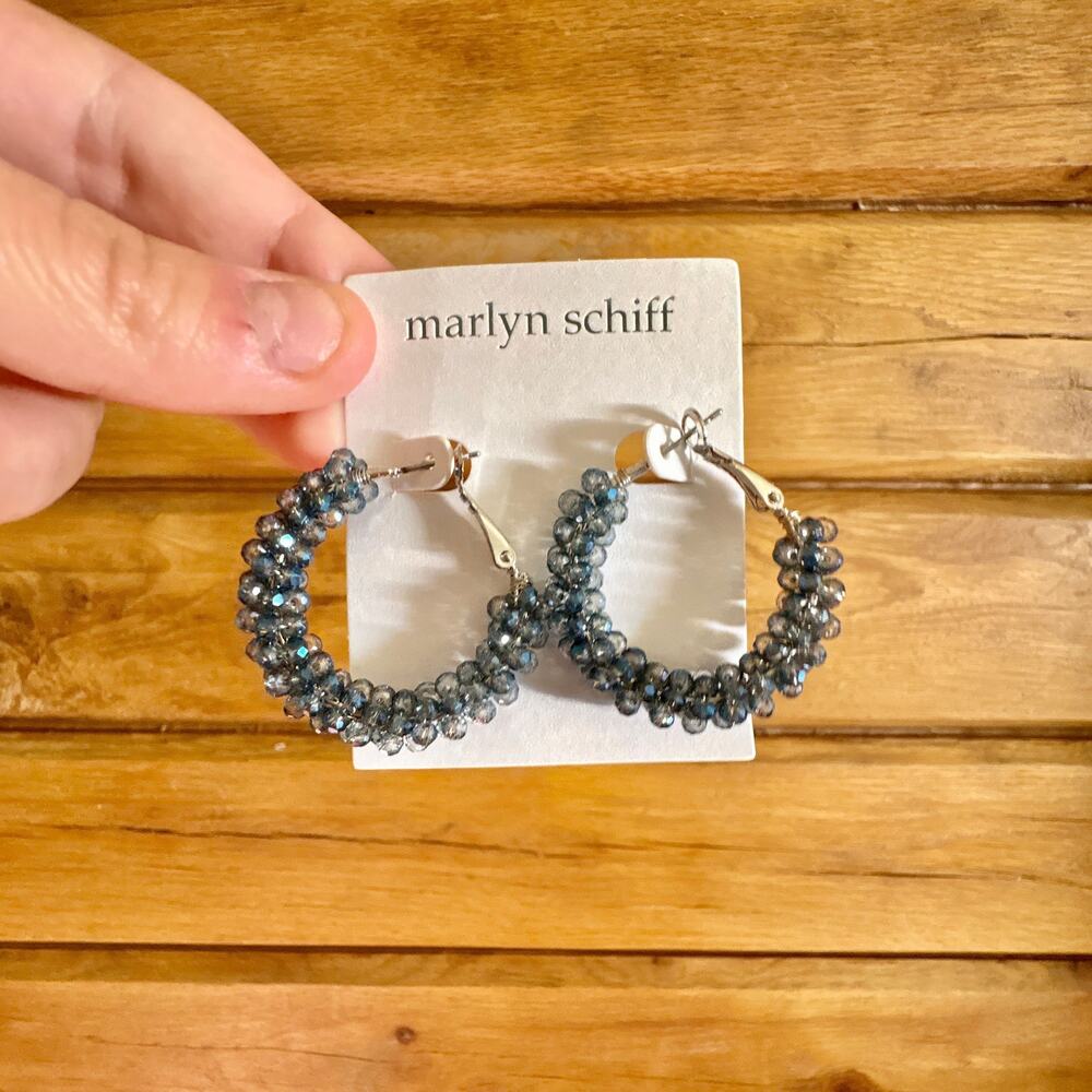 Marlyn Schiff Blue Beaded Crystal Hoop Earrings Silver Tone NEW